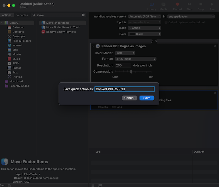 Save the quick action on automator